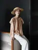 Lalaglow Banxia Sonho Doce Camisa Feminina de Manga Curta com Fita Dupla Camadas Tencel Respirável Babados 9063