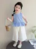 Conjunto de Colete Casual Xadrez Estilo Coreano para Meninas 2026 Nova Moda de Verão Crianças Verão Fino Outdoor Calça de Perna Larga