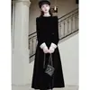 Vestido negro de terciopelo estilo Hepburn para mujer, vestido formal estilo francés otoño/invierno, poliéster, corte ajustado