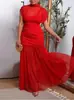 Moda Femenina Europea y Americana 2025 Amazon Nuevo Estilo Sin Mangas Plisado Patchwork Marrón Oscuro Bodycon Transparente Vestido