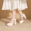 3359-20 Zapatos de Tacón Alto con Plataforma Impermeables de Punta Cuadrada Estilo Primavera 2024 Hebilla de Una Línea Lazo Tacón Grueso
