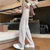 Calças de Lã Wide-Leg Branco-Cremoso Femininas Outono e Inverno Calças de Perna Reta com Forro de Lã Versão Estreita Longas Soltas Primavera e Outono Calças Banana Espinha de Peixe