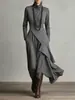 Moda Femenina Europea y Americana 2025 Sitio Independiente de Amazon Primavera y Otoño Más Vendido Vestido de Manga Larga Cruzado de Cuello Alto Falda Larga