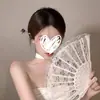 Leque dobrável de cor sólida com borda de renda, leque de dança vintage para transmissão ao vivo, acessório de leque para Cheongsam para mulheres, dobrável