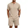 Conjunto Casual Masculino de Duas Peças 2026: Top Texturizado com Gola Henley e Shorts com Cordão Elástico