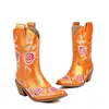 Otoño Invierno 2026 Moda Europea Americana Botas para Mujer Bordado Bordado Tradicional Botas de Media Caña Zapatos de Mujer Flores Slip-on Botas Vaqueras Comercio Exterior