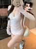 Cárdigan de Punto Rosa de Manga Larga Encaje Lunares Tirantes Traje Dulce Sexy para Mujer Falda Cubre Caderas Conjunto de Tres Piezas