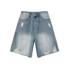 Mtlclothes Ropa para Hombre Diseño Americano Denim Lavado Desgastado Rasgado Cepillado Traje Pantalones de Tres Cuartos Modernos
