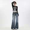 Jeans Wide-Leg com Design Degradê, Caimento Solto, Cintura Baixa, Slim-Fit em Azul Vintage com Aspecto Desgastado, Toque Fluido, Controle de Barriga, para Usar com Peças de Exterior