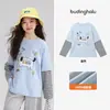 Pudding Haru Roupa de Outono Meninas Roupas Infantis Top Cartoon Chegadas Novas de Outono 2026 Crianças 100% Algodão Listrado Falso Duas Peças T