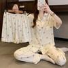 Pijama japonés de oso lindo para mujer de verano de tela arrugada manga corta pantalones holgados y cómodos ropa para el hogar de tres piezas al por mayor