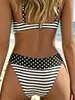 Borde a rayas blancas y negras con lunares, bikini sexy con cuello halter, diseño push-up, braguita de triángulo de cintura media, perfecta para unas vacaciones en la playa