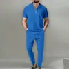 Traje de Color Sólido para Hombre de Estilo Europeo y Americano, Nueva Colección Primavera y Otoño 2025, Cuello Waffle, Manga Corta, Cremallera, Conjunto de Pantalones Largos