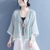 Vestido de Chá Retrô Estilo Chinês para Primavera e Verão, Algodão com Padrão Floral em Forma de Diamante, Fita, Botão Único, Cardigã de Manga Três Quartos Dupla Camada para Mulheres, Moderno