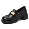Zapatos de Piel de Vaca de Primera Capa para Mujer 2023 Primavera Nuevos Cierre Metálico Mocasines Negros Tacón Grueso Zapatos Documentales