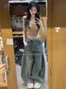 Jeans Retrô Americano Scimitar de Perna Larga para Mulheres, Design Solto de Cintura Alta para Primavera e Verão, Calças Lavadas e Desgastadas Rasgadas de Comprimento Total