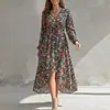 Vestido feminino de outono 2026, moda transfronteiriça europeia e americana, manga lanterna, acinturado, estampado, vestido de temperamento elegante