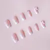 Unhas Postiças Rosa de Comprimento Médio com Laço Francês em V e Strass, Nail Art com Flores Secas Estilo Comércio Exterior