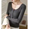 Camisa Básica de Botão para Mulheres, Novo Estilo Outono/Inverno 2026, Camiseta de Manga Longa Slim Fit, Gola Redonda, Top Slim Fit