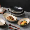 Plato Ovalado de Cerámica Rústica Transfronterizo, Vajilla Cerámica Estilo Retro Japonés, Plato de Mesa para el Hogar, Uso en Restaurante, Alto Valor Estético