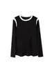 Top de manga larga con cuello redondo y bloques de color otoñales para mujer, con diseño de hombros en bloques de color, tejido elástico, corte ajustado y disponible en varios colores