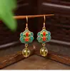 Pendientes Originales Hechos a Mano de Cristal Amarillo Natural Estilo Chino, Ganchos de Oreja Flor de Peonía Estilo Chino Nuevo Vintage, Pendientes Suaves Estilo Antiguo
