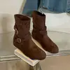 Botas Fashion com Salto Escondido para Mulheres Outono Botas Curtas Fivela de Cinto Western Camurça Novo Estilo Botas Curtas 2026 Lade Botas Femininas Tecido Bonito