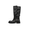 Versão em Couro de Vaca ~ Botas Retrô para Mulheres, Salto Grosso Fivela de Cinto Botas Pretas Altas, Versátil Couro Genuíno Calça Plissada Botas
