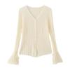 Roupas Femininas Transfronteiriças 2025 Nova Moda Outono Versátil Elegante Emagrecedor Manga Sino Cardigan de Tricô Top