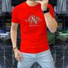 Camiseta Masculina de Manga Curta com Letras de Strass, Estilo Europeu, Algodão Mercerizado, Camisa Fina de Gola Redonda, Top Respirável da Marca Tendência, Camada Interna