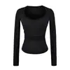 Estilo puramente deseable, escote grande en forma de corazón, entallado a la cintura, camiseta de manga larga, nueva moda de otoño, versátil, corte ajustado, top base de color liso