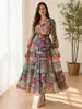 2026 Novo Vestido de Chiffon Estampado com Mangas Longas e Decote em V, Estilo Europeu e Americano, Com Caimento Flare para Mulheres, Moda Transfronteiriça Vestido Longo