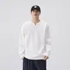Camiseta Masculina de Outono 310g Peso Pesado Americana Gola V Pequena Manga Longa 2025 Nova Solta Levemente Caída no Ombro Preta Branca