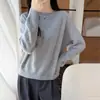 Suéter para mujer 100% lana pura, cuello redondo, manga larga, jersey, color liso, casual, versátil, camiseta básica de punto simple para otoño e invierno