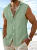 Camisa Colete Masculino de Verão Europeu e Americano, Sem Mangas, Linho Algodão, Gola Lapela, Cor Sólida Solta, Cardigan, Camisa Colete Casual para Férias na Praia