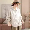Nueva camisa de lino artística de primavera, cuello camisero vuelto, chaqueta ligera, cárdigan para mujer, color liso, versátil