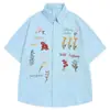 Camisa Masculina e Feminina de Malha Waffle Retro Americana com Bordado Floral Colorido de Manga Curta, Estilo Preguiçoso Solto de Verão, Camisa Casual
