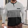 Comércio Exterior Europeu e Americano Transfronteiriço Verão Europeu e Americano Novo Estilo Masculino Manga Longa Decote V Listrado Contrastante Slim Fit Casual de Negócios Camiseta