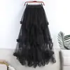 Amazon Aliexpress 2026 Primavera/Verão Saia Longa em Retalhos Irregulares de Renda com Babados de Cintura Alta Camadas para Mulheres