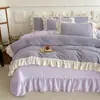 Conjunto de Quatro Peças Girly Francês Esculpido em Veludo Leiteiro Veludo Coral Espesso Renda Fronha Cobertor de Cama Quente de Inverno Roupa de Cama