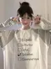 Camiseta de Manga Larga con Estampado de Letras y Patchwork de Rayas de Diseño Único para Mujer, Top Holgado Casual Versátil a la Moda