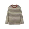 Camiseta Holgada de Manga Larga para Mujer, Estilo Nuevo Primavera y Verano, Algodón y Seda, Cuello Redondo Informal Perezoso, Rayas Tridimensionales, Bloques de Color, Borde Enrollado