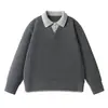Suéter de Estilo Old Money Falso Dos Piezas Cuello Polo para Hombre Otoño Invierno Estilo Perezoso Retro Tejer Holgado Bicolor Cuello en V