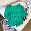 Camiseta feminina de malha de seda gelo com recorte em estilo francês suave, gola redonda, flor, verão, doce, elegante, manga curta, parte inferior