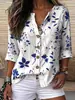 2026 Europeu e Americano Transfronteiriço Estampa Azul e Branca Camisa Gola V Manga Sete Mangas Top Retrô de Férias Comércio Exterior Roupas Femininas Atacado