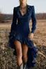 2026 AliExpress Saia Longa Jeans Azul Claro Estilo Vintage Ocidental com Barra Franzida, Decote V Profundo, Caimento Justo, Cauda Assimétrica Saia Longa
