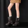Botas Vaqueras de Venta Caliente con Apertura de Cañón Ancho, de Ponerse Fácil, Botas de Tacón Medio Cosidas Estilo Retro para Mujer, Botines Negros Cálidos con Forro de Terciopelo
