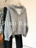 Francia Rixo RaneGray Suéter de Punto con Cuello en V de Piel de Mapache para Mujer Solapa Estilo Perezoso Parte Superior Engrosada Ropa de Invierno