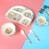 Juego de Vajilla de Fibra de Bambú de Cinco Piezas con Plato de Cuatro Compartimentos, Tazón de Dibujos Animados Lindo de Regalo, Taza, Cuchara, Tenedor Vajilla, Venta al por Mayor de Exportación