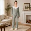Pijama com Renda Estilo Coreano Conjunto Solto para Casa para Mulheres, Pijama de Manga Longa com Gola Redonda, Roupa Casual de Casa em Algodão Nuvem